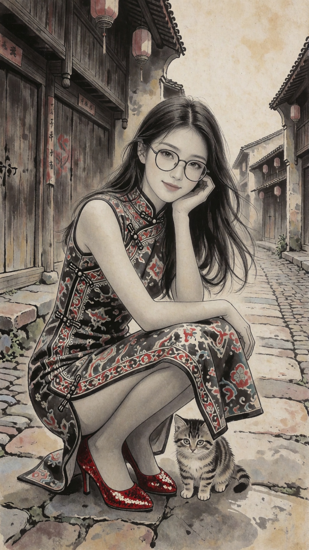 This is a traditional Chinese ink painting in the gongbi style,  drawn on old rice paper. The colors use soft mineral pigm...