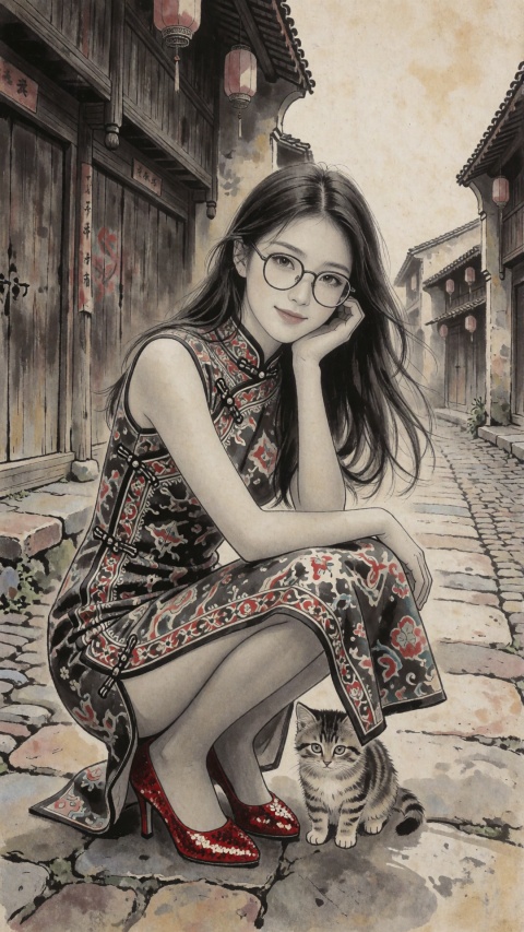 This is a traditional Chinese ink painting in the gongbi style, drawn on old rice paper. The colors use soft mineral pigments. A beautiful young East Asian woman,
Masterpiece, highest quality, amazing details, ultra-high resolution, 8K, realistic photos, a young Chinese idol woman, long hair, wearing glasses, big breasts, sleeveless patterned cheongsam, shiny pantyhose, long legs, red sequined high heels, whole body, squatting on the streets of the ancient town, a kitten hiding under her butt, the woman smiled shyly, perspective lens,
