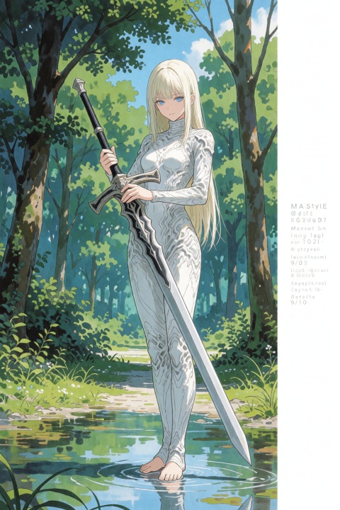 @4x0style, year 2025, newest, score 9, score 8, best quality, masterpiece, highres, absurdres, @4x0style, @synswt, minimalism, texture, solo, weapon, sword, nature, barefoot, long hair, blonde hair, water, forest, fish, 1girl, tree, lake, standing, holding, claymore with long black swordhilt aesthetic norihiro yagi female focus. This image is a detailed, hand-drawn illustration in a manga/anime style. It depicts a slender, girl standing in a serene, sunlit forest. The subject is a young woman with long, straight, platinum blonde hair and piercing blue eyes. She has a delicate, almost androgynous physique with a slender build, and she is dressed in a form-fitting, high-necked white jumpsuit that covers her from the neck down, giving her an otherworldly, almost robotic appearance. The suit is detailed with intricate, almost armor-like textures. She wields a massive, ornate sword with a hilt held with both hands. The woman stands barefoot, with her feet submerged in the shallow water, which reflects the surrounding forest scene. The background features a dense, leafy forest with tall trees whose trunks and branches are rendered in varying shades of green, creating a sense of depth and shadow. The ground beneath the trees is covered with a thin layer of water, suggesting a magical or ethereal setting. The overall atmosphere is serene and mystical, with a blend of fantasy and magical realism. On the right side is a white border with text information.