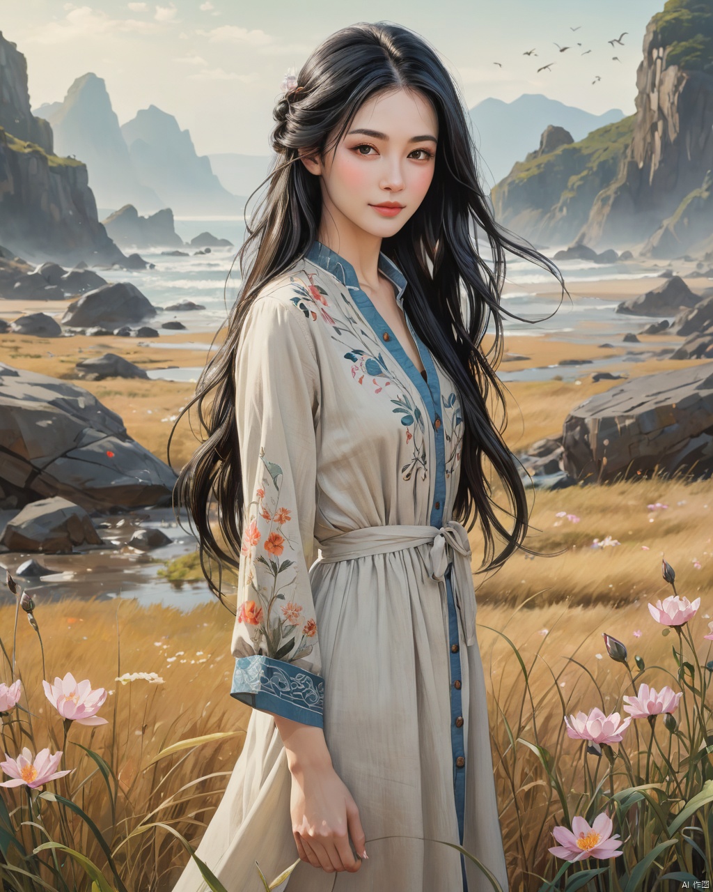 full length over the shoulder image of a 50 years old lady with long black hair and a lustful smile on her face, alluring pose, wearing a long button-up linen dress, pov, realistic, dutch pose, (2\3 rule composition:0.5)masterpiece,detailed hyperrealism, grainyperfecteyes, pureerosface_v1, woman, pov, perfecteyes, realistic,Craig Mullins,Jon Burgerman,geof darrow,jean-baptiste monge style , art by android jones,8k, (art style of and Bahgat Osman:1.2), Luis Royo, Carne Griffiths, Todd McFarlane, wonderful pastel colored Utopia by by android jones,8k, Andy Kehoe,Yoshikata Amano, Ismail Inceoglu, Russ Mills, Victo Ngai, Bella Kotak, intricately hyperdetailed, light reflection, luminous color,,grass,sand and stones on the ground,(small debris, stones, and flowers:1.1),clear sky,, blurred smokey background of a fairy-tale fantasy landscape,volumetric fog,smoke,haze,rust,epic,shallow depth of field,very detailed,glow effects,Hand drawn,render,8k,octane render,cinema 4d,blender,dark,atmospheric 8k ultra detailed,cinematic,Sharp focus,Masterpiece,3d octane render,8k,concept art,trending on artstation,extremely detailed CG unity 8k wallpaper,trending on CGSociety,Intricate,High Detail,dramatic