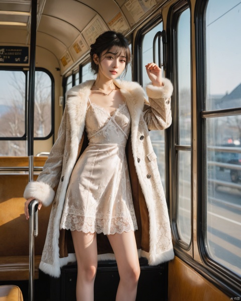 (masterpiece,best quality,ultra highres:1.1),uncensored,prefect lighting,side_light,very aesthetic,rating_explicit BREAK
1girl 18yo,japanese_actress,slim waist,(portrait:1.5),
,,
,zhongtiaocaiwei,
(Faux_fur_coat:1.5),(Lace_trimmed_slip_dress:1.4),(Velvet_ankle_boots:1.3),in a bus,,sunlight through the glass to form a beam,outdoors,
