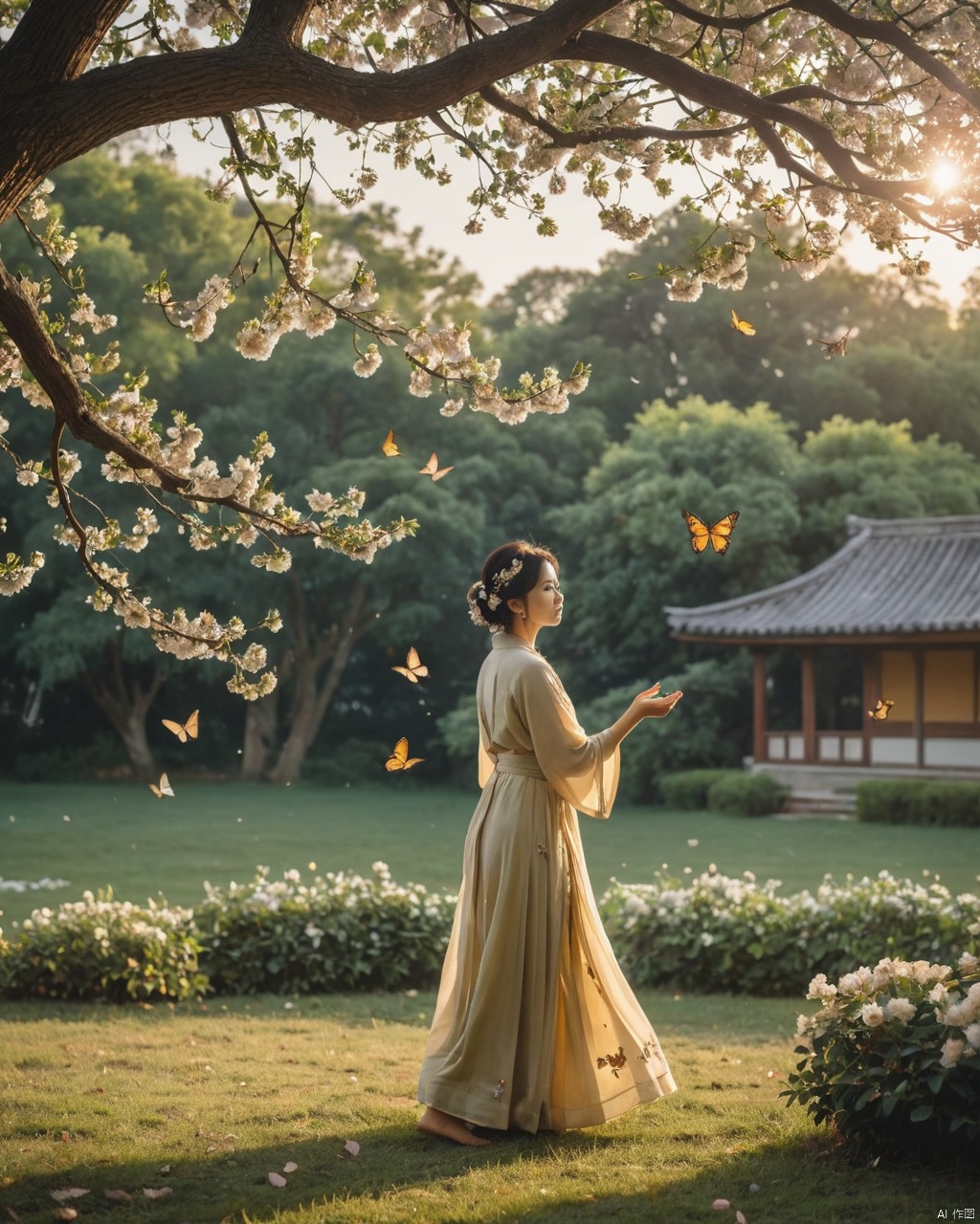 A iren song in bloom at the dawn, a peaceful scene where people dance with respect as they gather under trees before sunrise. The imagery is festive and inviting: butterflies fluttering freely around flowers arranged on ornamental leaves of delicate oak petals or plants glowing brightly through windows reminiscent perhaps to fairy tales sung by monks during their early years that symbolize peace within life itself for , 2000s vintage RAW photo, photorealistic, film grain, candid camera, color graded cinematic, eye catchlights, atmospheric lighting, imperfections, natural, shallow dof, High level of detail to create a photographic-like image, focusing on lighting, realistic textures, hyperdetailed.