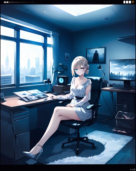 ((a beautiful woman in a office, cross_leg sitting on desk, 
High heel, dark gray and white color Palette, urban city  window view)), 
modern interior design, cyberpunk, 
Recliner|Dressing table|Table lamp|Screen|Monitor|Signboard_Details,
Metal|Glass|Leather|Textiles|Carpet|Pillow_Texture,
perfect blonde hair, 
(modern photo, fashion dress up:1.1), 24mm, (analog, cinematic, film grain, hazy atmosphere, detailed eyes, (seductive), (epicPhoto), (looking at viewer), (cinematic shot:1.3),
great lighting, extremely detailed, zoya, happy, impressionist painting, office