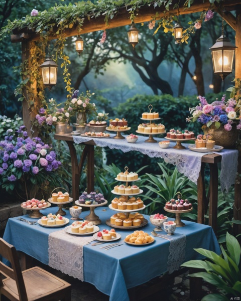 An ethereal fantasy concept art of a cakewalk, where the boundaries between worlds blur and end in dramatic contrasts. The foreground features an intricately designed pale palette, blending shades of indigo with violet, reflecting off tranquil peaks nestled amidst lush greenery and vibrant flowers. A rustic yet elegant table laden with delectable treats stands beside a food stand, its , 2000s vintage RAW photo, photorealistic, film grain, candid camera, color graded cinematic, eye catchlights, atmospheric lighting, imperfections, natural, shallow dof, High level of detail to create a photographic-like image, focusing on lighting, realistic textures, hyperdetailed.
