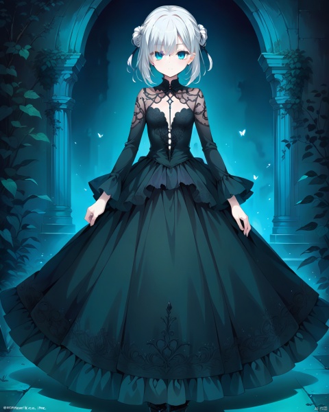 Gothic style (photography of a young 20 years old woman), (tiny little birthmark 1cm under the right eye:1),(masterpiece, top quality, best quality, official art, beautiful and aesthetic:1.2), (gothic_girl), light smile, black dress, intricate dress, highest detailed, fullbody_view, perfect eyes, random hairstyle . Dark, mysterious, haunting, dramatic, ornate, detailed