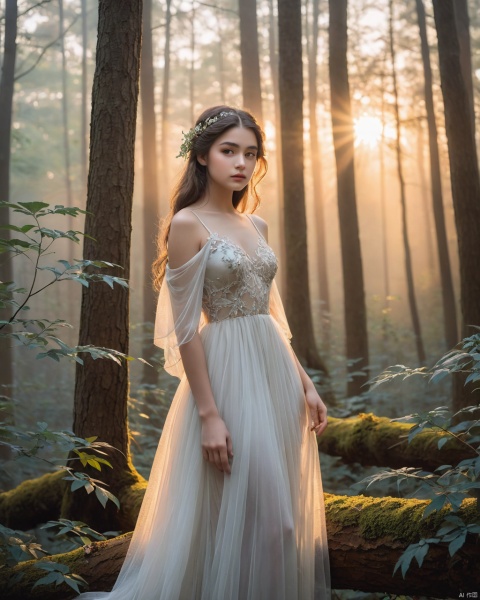 A hauntingly beautiful full-body Portrait of a beautiful 18-year-old girl, radiating seductive charm and poise. 
The woman's enigmatic gaze captivates the viewer as she stands amidst a misty, enchanting forest. The sun casts a breathtakingly beautiful sunset hue over the scene, creating a perfect contrast of light and darkness. The artist's painstaking attention to details brings the forest alive, with each leaf, branch, and ray of light meticulously rendered.