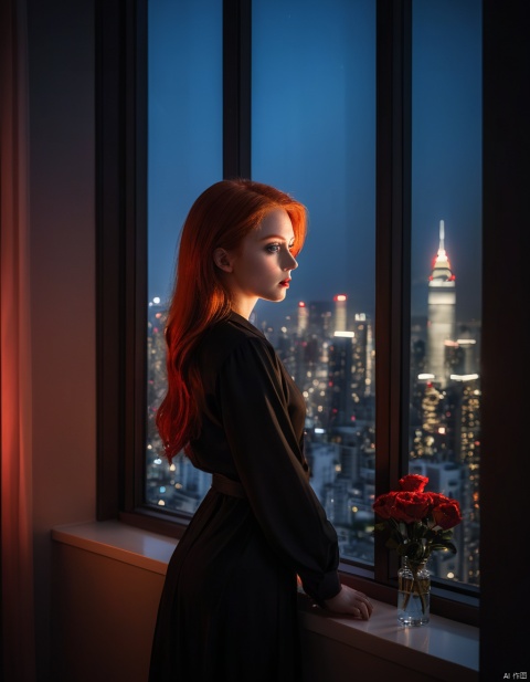  redhead girl,dark room,night,dim window light,skyscrapers out the window,low light,dramatic lighting,darkness,neon,spotlight,red light,window lighting,reflection,, cinematic,(perfect lighting),bloom,masterpiece,best quality,highly detailed,high dynamic range,contrast,high sharpness,