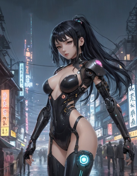 1girl, jinsoyun, black hair, long hair, cyborg, mechanical parts, mechanical limbs, cyberpunk, black bodysuit, shoulder armor, fishnet, single gauntlet, bracelet, city background, neon lighting, expressionless, night, rain 