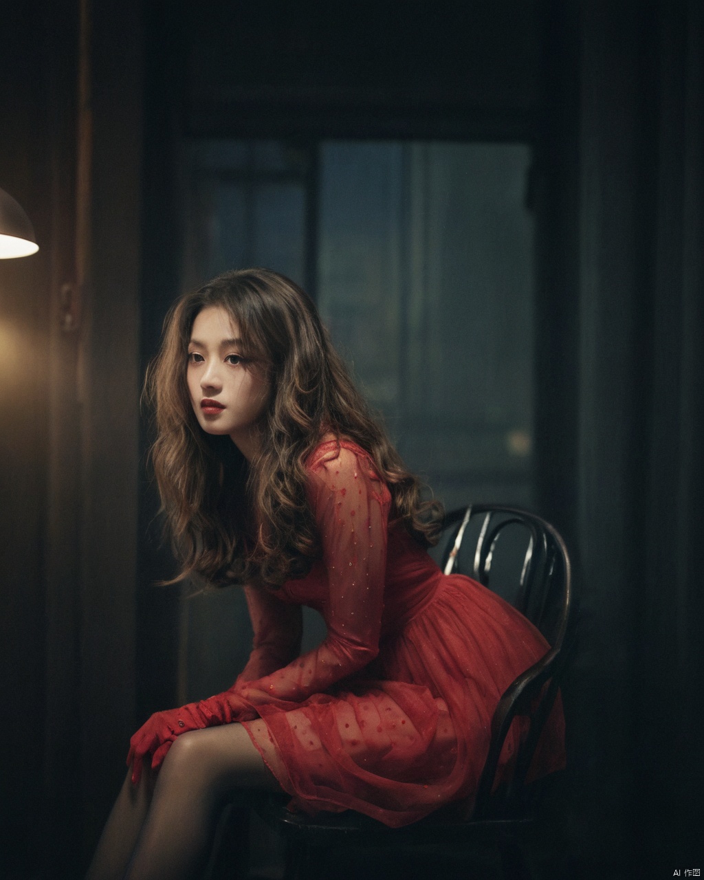 1girl,sad,red sheer dress,red high heels,black pantyhose ,polka dot pantyhose,long hair,curly hair,wavy hair,lace gloves,(film grain:1.3),night,dim light,dark room,shadow,candlelight,retro artstyle,soft light,long legs,asian girl