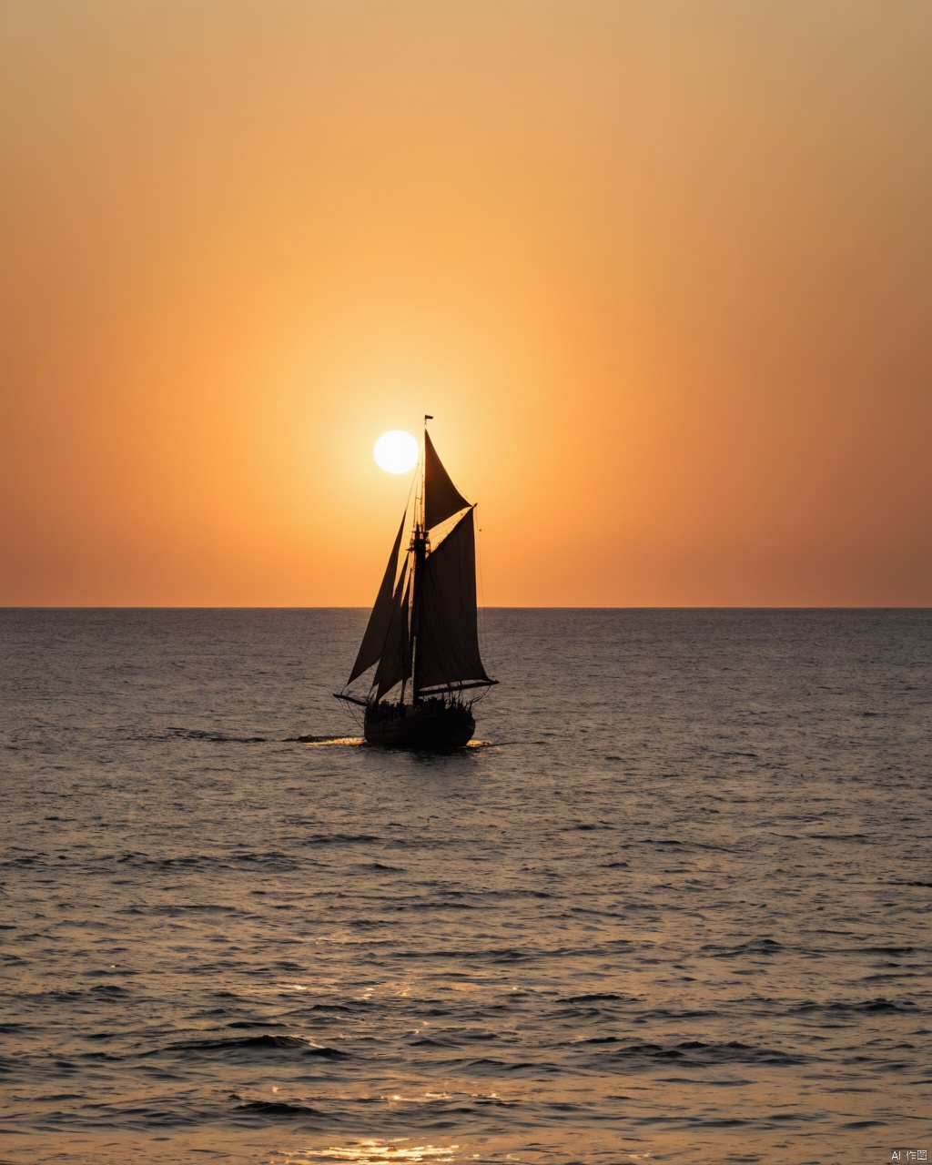 Tiny medieaval sailing vessel on the ocean, sunset, rim light, back lit, silhouette, in the style of Caspar David Friedrich