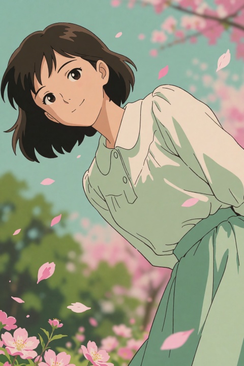(masterpiece, best quality:1.2), retro anime aesthetic, 90s anime style, vintage anime illustration, flat colors, pure color blocks, clean and crisp lineart, smooth cel shading, pastel color palette, soft muted green and pink tones, nostalgic and peaceful atmosphere, nature photography style, aesthetic,

cowboy shot, upper body, dutch angle, dynamic composition, leaning forward slightly, hands behind back, looking at viewer over her shoulder with a sweet playful smile, floating pink flower petals in the air, wearing a vintage white blouse with Peter Pan collar, lively and refreshing spring vibe.