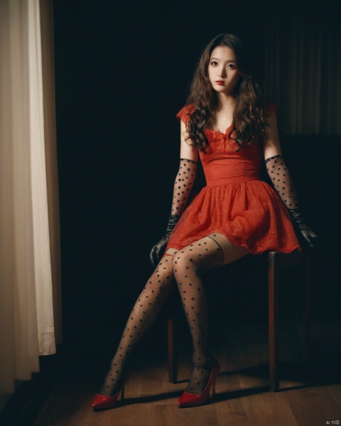 1girl,sad,red sheer dress,red high heels,black pantyhose ,polka dot pantyhose,long hair,curly hair,wavy hair,lace gloves,(film grain:1.3),night,dim light,dark room,shadow,candlelight,retro artstyle,soft light,long legs,asian girl