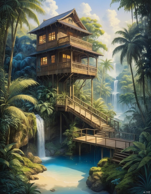  oil painting, wet, artistic, sand, natural spring, palm trees, ((rainforest waterfall), (tree house:1.2), lush oasis)), luscious greenery, very detailed structural design, warm pleasant, bright setting with plants shining among mist, reflecting scenery on wet surface, deep blue haze and bright glow, night, double exposure, stardust, particles, intricate realistic play with light and shadows, scenery, masterpiece, best quality, very aesthetic, add detail, trippy, abstract, comic book raw cover
(highly detailed, anime style), (house architecture)