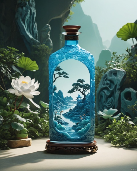 (Masterpiece, High Quality, Best Quality, Official Art, Aesthetic and Aesthetics: 1.2), Carving, Product Photography, (Glass Bottle Surrounded by Jade Landscape: 1.2), Ceramic Carved Glass Bottle, Transparent Water, Chinese 3D Landscape Painting Background, (Complex Carved Background), Chinese Song Dynasty Landscape Painting, Blue Theme, Surrealist Dream Style, Organic Fluids, Light Tracing, Colorful Flowers, Flower Foreground Occlusion, Natural Light, Jungle, c4d, OC rendering,