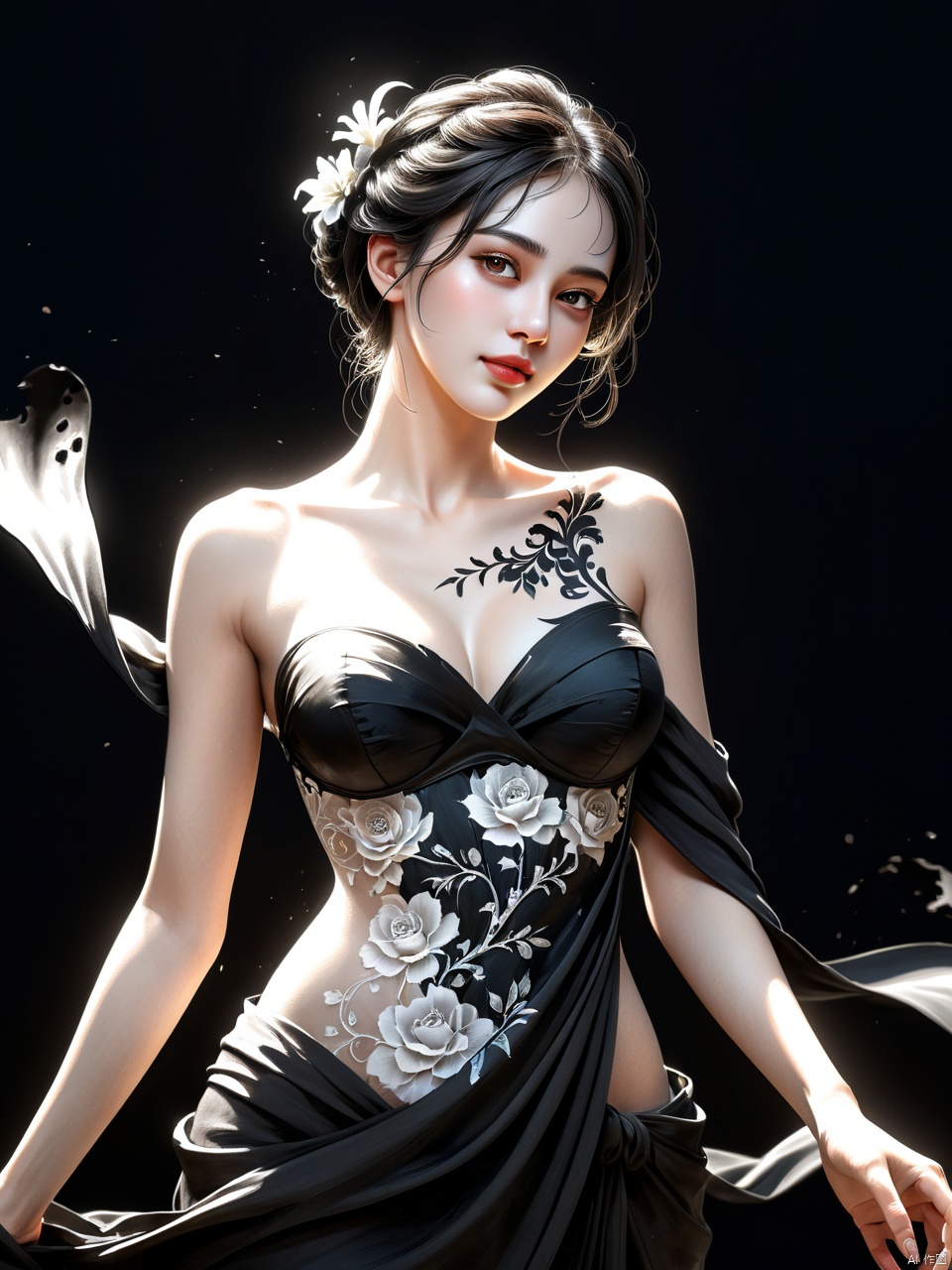  masterpiece,HDR,trending on artstation,sharp focus,high contrast,8K,Hyper-detailed,intricate details,cinematic lighting,
ink art,Beautiful, breathtaking young ghost woman,happy, sensual, sexuality, curvy, black torn clothes, bare shoulders,, silhouette, looking at viewer, plain background, dark background, dimly lit, perfect eyes, swirling ink