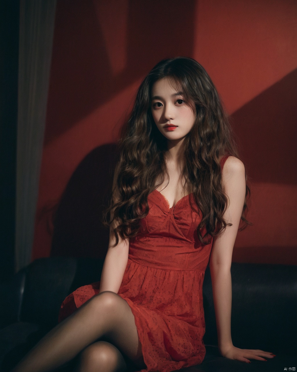 1girl,sad,red sheer dress,red high heels,black pantyhose ,polka dot pantyhose,long hair,curly hair,wavy hair,lace gloves,(film grain:1.3),night,dim light,dark room,shadow,candlelight,retro artstyle,soft light,long legs,asian girl