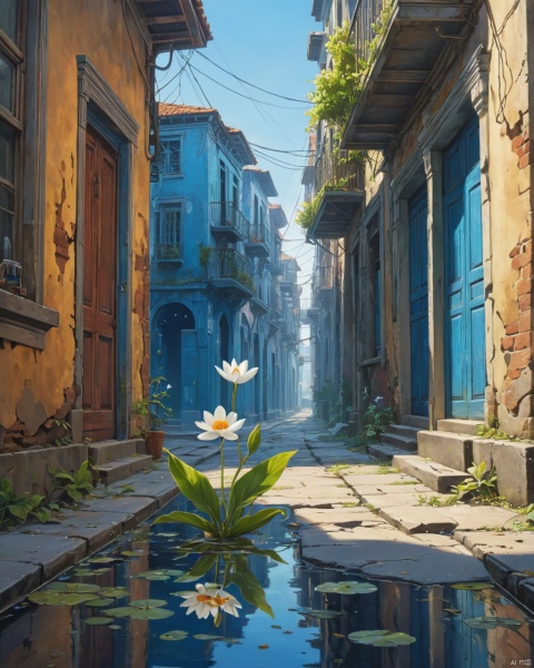 focus on small flower on the street, in ruined, abandoned citycity underwater, blue atmosphere, rays of light shining through, highly detailed oil painting, unreal 5 render, rhads, Bruce Pennington, Studio Ghibli, tim hildebrandt, digital art, octane render, beautiful composition, trending on artstation, award-winning photograph, masterpiece  <lora:add-detail-xl:1