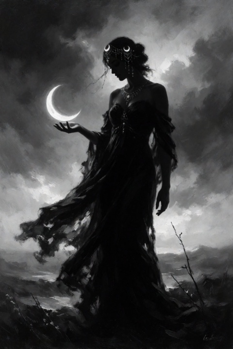 ,Create a high-contrast black and white image depicting a silhouetted female figure against a stormy, overcast sky. The figure is robed in a flowing, tattered gown and wears a decorative headpiece with crescent moon elements. One hand is outstretched, cradling a luminous crescent moon, as if bestowing it. The aesthetic should be gothic, ethereal, and subtly melancholic, evoking a sense of ancient mystery and celestial influence. Focus on the interplay of light and shadow to enhance the drama and evoke a sense of the unseen. The atmosphere should be one of quiet power and otherworldly beauty.
Wlop, painterly, impressionism, traditional media, painting /(medium/),