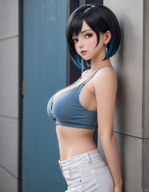 semi realistic, 
1girl, small tight ass, narrow hips, skinny, large breasts, teardrop_boobs, tiny waist, narrow hips, petite, small body, waiting, black hair mixed with blue, two-tone hair color, short hair, piercings, earrings, 
tank top, cleavage, navel, mid-riff, 
looking at you, smug, cleavage, pencil skirt, relaxed pose, side view, leaning against the wall, 
city,