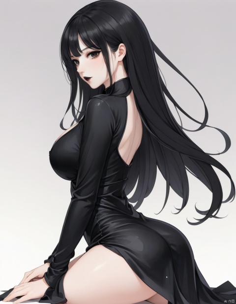 , 1 woman, long black hair, black lipstick, black eyes, , black dress,pale white skin, bending over, medium breasts, anime illustration, shiny highlights, beautiful