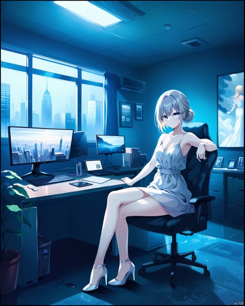 ((a beautiful woman in a office, cross_leg sitting on desk, 
High heel, dark gray and white color Palette, urban city  window view)), 
modern interior design, cyberpunk, 
Recliner|Dressing table|Table lamp|Screen|Monitor|Signboard_Details,
Metal|Glass|Leather|Textiles|Carpet|Pillow_Texture,
perfect blonde hair, 
(modern photo, fashion dress up:1.1), 24mm, (analog, cinematic, film grain, hazy atmosphere, detailed eyes, (seductive), (epicPhoto), (looking at viewer), (cinematic shot:1.3),
great lighting, extremely detailed, zoya, happy, impressionist painting, office