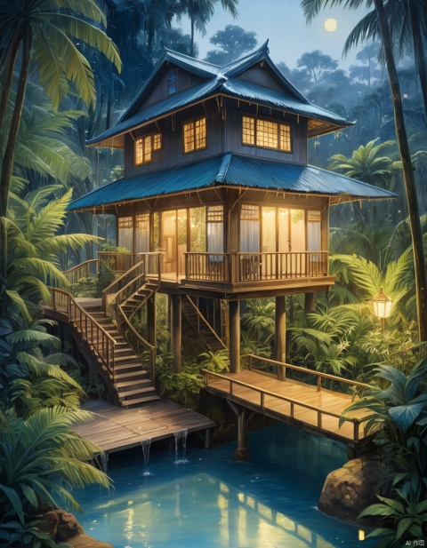  oil painting, wet, artistic, sand, natural spring, palm trees, ((rainforest waterfall), (tree house:1.2), lush oasis)), luscious greenery, very detailed structural design, warm pleasant, bright setting with plants shining among mist, reflecting scenery on wet surface, deep blue haze and bright glow, night, double exposure, stardust, particles, intricate realistic play with light and shadows, scenery, masterpiece, best quality, very aesthetic, add detail, trippy, abstract, comic book raw cover
(highly detailed, anime style), (house architecture)