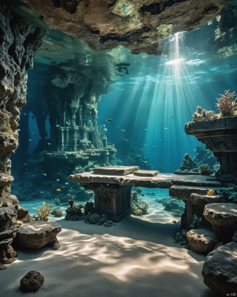 An underwater world revealing the mysteries of a hidden cave in depths, with intricate stone floors and detailed glasswork detailing. Capturing dramatic depth immersion using dynamic lighting filters as textures for crystal clear water reflections or soft ambient occlusion filtering to capture deep dives into mystery within an ancient temple amidst serene natural beauty is highly recommended , 2000s vintage RAW photo, photorealistic, film grain, candid camera, color graded cinematic, eye catchlights, atmospheric lighting, imperfections, natural, shallow dof, High level of detail to create a photographic-like image, focusing on lighting, realistic textures, hyperdetailed.