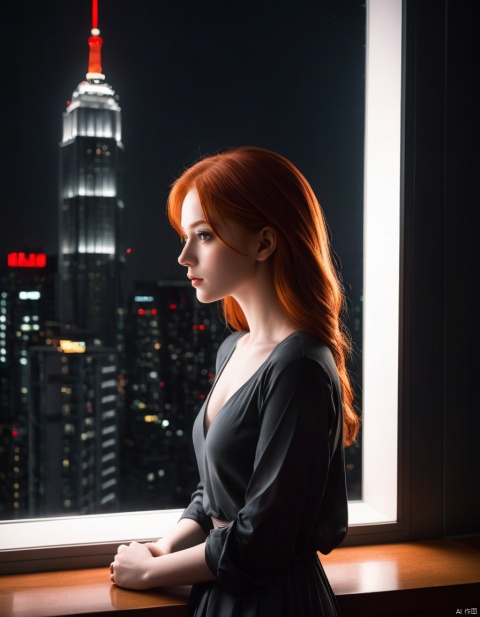  redhead girl,dark room,night,dim window light,skyscrapers out the window,low light,dramatic lighting,darkness,neon,spotlight,red light,window lighting,reflection,, cinematic,(perfect lighting),bloom,masterpiece,best quality,highly detailed,high dynamic range,contrast,high sharpness,