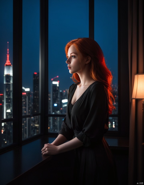  redhead girl,dark room,night,dim window light,skyscrapers out the window,low light,dramatic lighting,darkness,neon,spotlight,red light,window lighting,reflection,, cinematic,(perfect lighting),bloom,masterpiece,best quality,highly detailed,high dynamic range,contrast,high sharpness,