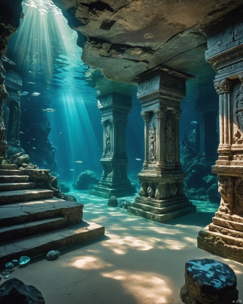 An underwater world revealing the mysteries of a hidden cave in depths, with intricate stone floors and detailed glasswork detailing. Capturing dramatic depth immersion using dynamic lighting filters as textures for crystal clear water reflections or soft ambient occlusion filtering to capture deep dives into mystery within an ancient temple amidst serene natural beauty is highly recommended , 2000s vintage RAW photo, photorealistic, film grain, candid camera, color graded cinematic, eye catchlights, atmospheric lighting, imperfections, natural, shallow dof, High level of detail to create a photographic-like image, focusing on lighting, realistic textures, hyperdetailed.