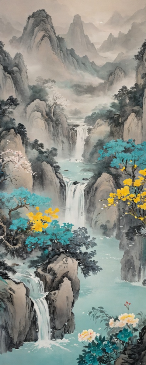 falls,flowers,mountain,Flat coating,light color,foggy,Chinese ancientpaintings,traditional chinese ink painting,cyan and yellow ink painting,
