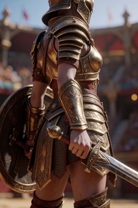 ,lazypos, masterpiece, best quality, absurdres, amazing quality, 8k, semi-realistic, realistic 3d, 3d render, octane render, unreal engine, cinema 4d, photoreal cg, glossy skin, subsurface scattering, ambient occlusion, smooth shading, sharp focus, beautiful face, perfect face, cute face, adult woman, smooth skin, vibrant colors, high contrast, high microcontrast, colorful, realistic:1.3, soft cel shading,  0__11Xx_illu, close-up portrait, shallow depth of field, from behind and below, (slender physique, lean body, thin body, delicate body:1.5), ((adult gladiator warrior woman standing in an arena)), ((one hand gripping a bloodless short sword)), ((other hand holding a round shield at her hip)), ((sexy bronze armor)), ((sand and sunlight on skin)), victorious arena champion pose, (perfectly shaped body:1.5), (perfectly fit body), (slender, lean, fit, athletic:1.5), (rating:questionable), (modest breasts), (luxuriously detailed warrior armor), (rich embossed metalwork), (subtle gem accents), (engraved armor hems), (ornamental clasps), (silky battle sash), (crisp armor ridges), (decorative armor panels), (contrasting leather and metal insets), (fine chainmail texture), (shimmering plated surfaces), (carefully finished armor edges), (beautiful armor craftsmanship), (cute Nebula Alien warrior girl), (sexy cosmic mist armor), (holding a nebula-forged scythe), ((infrared photography style)),  ma1ma1helmes_b_illu, sketch,  masterpiece
