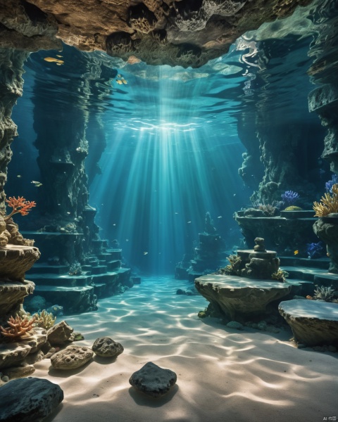 An underwater world revealing the mysteries of a hidden cave in depths, with intricate stone floors and detailed glasswork detailing. Capturing dramatic depth immersion using dynamic lighting filters as textures for crystal clear water reflections or soft ambient occlusion filtering to capture deep dives into mystery within an ancient temple amidst serene natural beauty is highly recommended , 2000s vintage RAW photo, photorealistic, film grain, candid camera, color graded cinematic, eye catchlights, atmospheric lighting, imperfections, natural, shallow dof, High level of detail to create a photographic-like image, focusing on lighting, realistic textures, hyperdetailed.