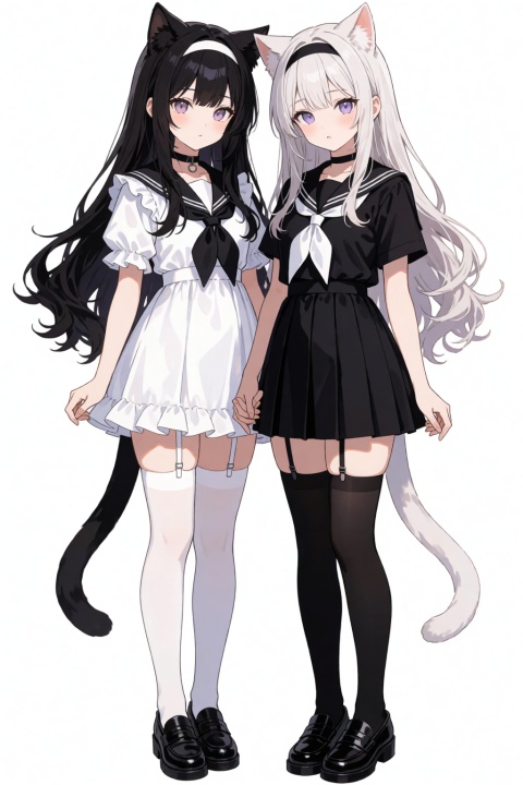 @4x0style, year 2025, newest, score 9, score 8, best quality, masterpiece, highres, absurdres, @4x0style, long hair, looking at viewer, blush, bangs, multiple girls, skirt, shirt, thighhighs, dress, bow, 2girls, animal ears, hair between eyes, very long hair, school uniform, standing, purple eyes, tail, full body, white hair, short sleeves, hairband, frills, parted lips, shoes, serafuku, choker, cat ears, black skirt, sailor collar, black footwear, white dress, :o, black dress, white thighhighs, cat tail, neckerchief, animal ear fluff, black shirt, holding hands, garter straps, black choker, frilled dress, cat girl, sailor dress, black sailor collar,loli