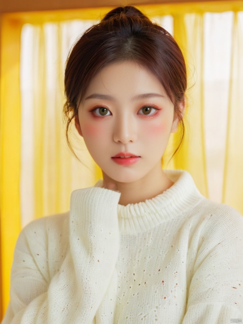  japanese woman, close-up, soft lighting,white sweater,red_eyes ,big breasts,see-through curtain, bright yellow room,Green eye shadow,eyes focus
