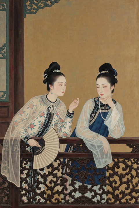 Dark tones, fantasy art, professional digital works. High quality, masterpiece level, movie-level texture, incorporating Chinese elements. The meticulous light-color painting of a lady depicts a scene of two women leaning on a railing.
Screen subject:
The woman on the left is wearing a light-colored dark floral gown with a translucent gauze cape, and dark trimmings on the collar and placket. Her hair is tied up in a high bun with beaded hair ornaments, and she holds a folding fan in her right hand, with black ribs and slightly exposed fan head. Her body is slightly tilted, her head is slightly turned to the right, her eyes seem to be directed at her companion on the right side of the picture, her left hand is slightly raised, her posture is leisurely and elegant.
The woman on the right is wearing a dark blue waistcoat with a light-colored long-sleeved gauze jacket, and the collar also has dark trim. Her bun is also high, with earrings hanging from her ears and a string of beads around her neck. She holds her chin with her left hand and rests her elbow on the carved railing. She leans forward and looks straight ahead or slightly downward. Her expression seems to be thoughtful and slightly lazy. Her right hand droops naturally, and her sleeves are wide and hanging down.
Environmental layout:
The two of them are leaning together on a carved railing. The railing is made of dark wood, with hollow carvings of curly grass patterns or wishful cloud patterns. The craftsmanship is exquisite and has the typical characteristics of Qing Dynasty furniture. Behind the railing is a plain yellow-brown wall without any decoration, forming a large area of ​​white space to highlight the main character. A part of the wooden columns or window frame structure can be seen on the left edge of the picture, suggesting that this is an indoor scene looking out to the outdoors, or under the eaves of a pavilion.
Overall style:
The painting adopts fine brushwork and heavy color techniques, and the colors are elegant and subtle. The main tones are ocher, cyan, and gamboge. The characters' faces are delicately powdered, showing the "duck egg face" shape common in the paintings of ladies in the Qing Dynasty, with delicate facial features and a calm expression. The lines of the clothing lines are smooth and rounded, without strong abrupt changes. It is different from Chen Hongshou's extraordinary style in the Ming Dynasty, and closer to the gentle style of the Qing Dynasty court paintings or Jiangnan literati paintings. The treatment of a large blank background makes the picture look quiet and ethereal. The two people's postures are facing each other, moving and stilling, forming a subtle echoing relationship.