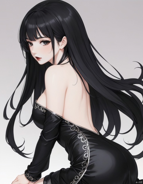 , 1 woman, long black hair, black lipstick, black eyes, , black dress,pale white skin, bending over, medium breasts, anime illustration, shiny highlights, beautiful