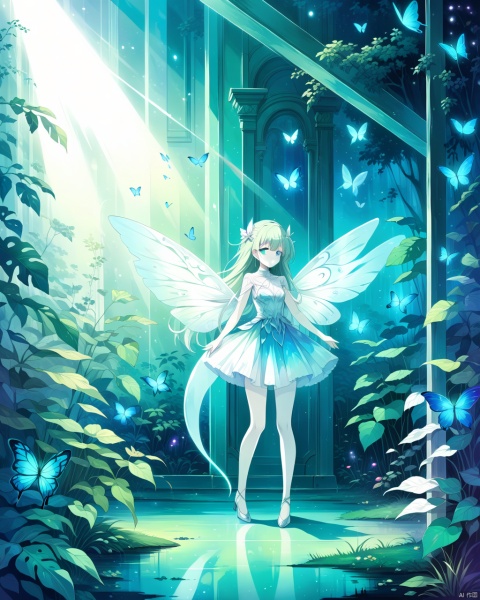 masterpiece, best quality, (Anime:1.4), (((ghost standing in beam of light))), under column of rainbow butterflies, painted in style of Tomer Hanuka, insane amount of detail, dreamy iridescent flair, naturalistic elements, neon textures, dynamic lighting, rich color gradients, intricate patterns on butterflies, iridescent wings, ethereal atmosphere, lush foliage, surreal environment, delicate interplay of light and shadow, dream-like quality, Hanuka-inspired stylization, natural beauty enhanced 