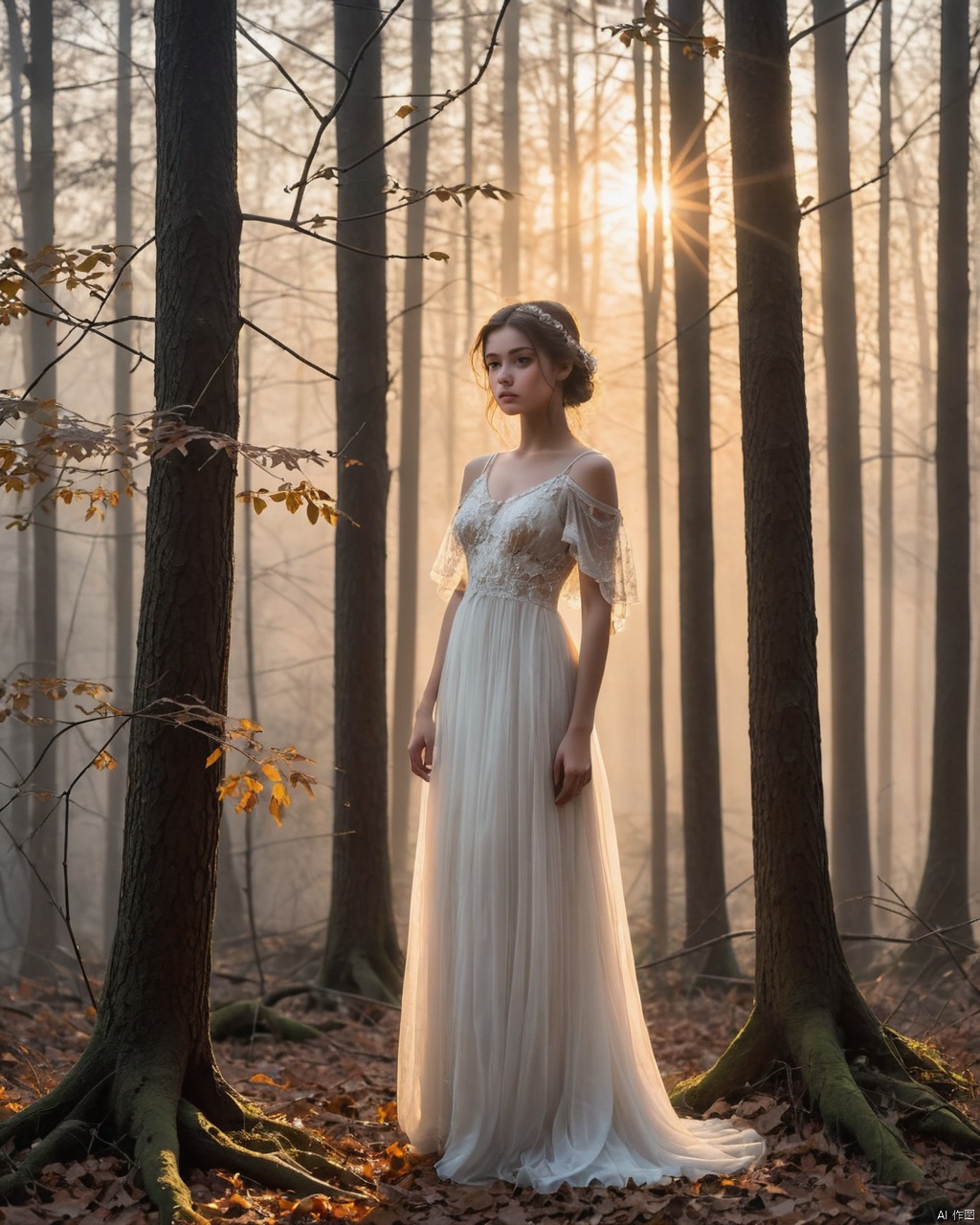 A hauntingly beautiful full-body Portrait of a beautiful 18-year-old girl, radiating seductive charm and poise. 
The woman's enigmatic gaze captivates the viewer as she stands amidst a misty, enchanting forest. The sun casts a breathtakingly beautiful sunset hue over the scene, creating a perfect contrast of light and darkness. The artist's painstaking attention to details brings the forest alive, with each leaf, branch, and ray of light meticulously rendered.