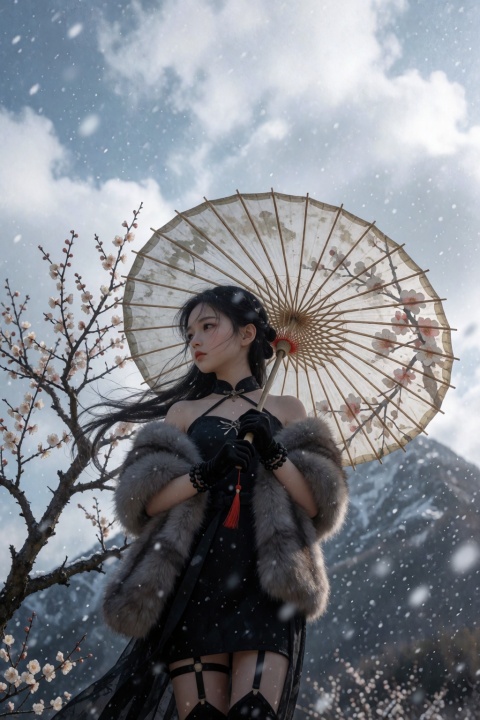 ,masterpiece, best quality, good quality, absurdres, newest, highres, @w10p, from below, 1girl, solo, sfw, looking to the side, looking away, architecture bare shoulders bead bracelet beads black dress black gloves bracelet breasts dress east asian architecture elbow gloves eyepatch flower from side fur shawl gloves holding holding umbrella house jewelry looking at viewer off shoulder oil-paper umbrella outdoors plum blossoms{{{snow, snowing, wind}}}, solo thigh strap tree umbrella winter, sky, cloudy, mountain, location, outdoor, letterboxed, text:all in this floating life is change and uncertainty, 
