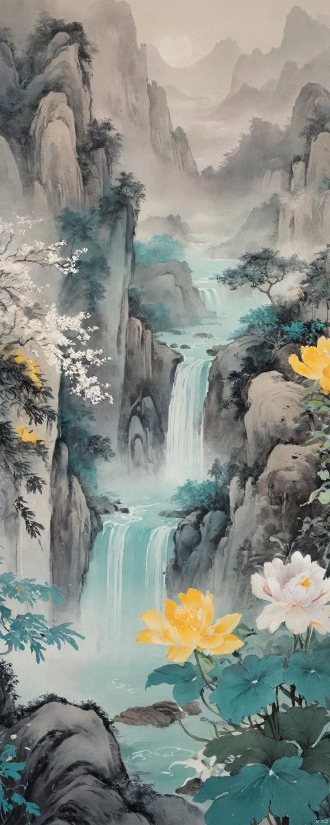 falls,flowers,mountain,Flat coating,light color,foggy,Chinese ancientpaintings,traditional chinese ink painting,cyan and yellow ink painting,
