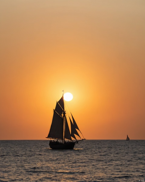 Tiny medieaval sailing vessel on the ocean, sunset, rim light, back lit, silhouette, in the style of Caspar David Friedrich