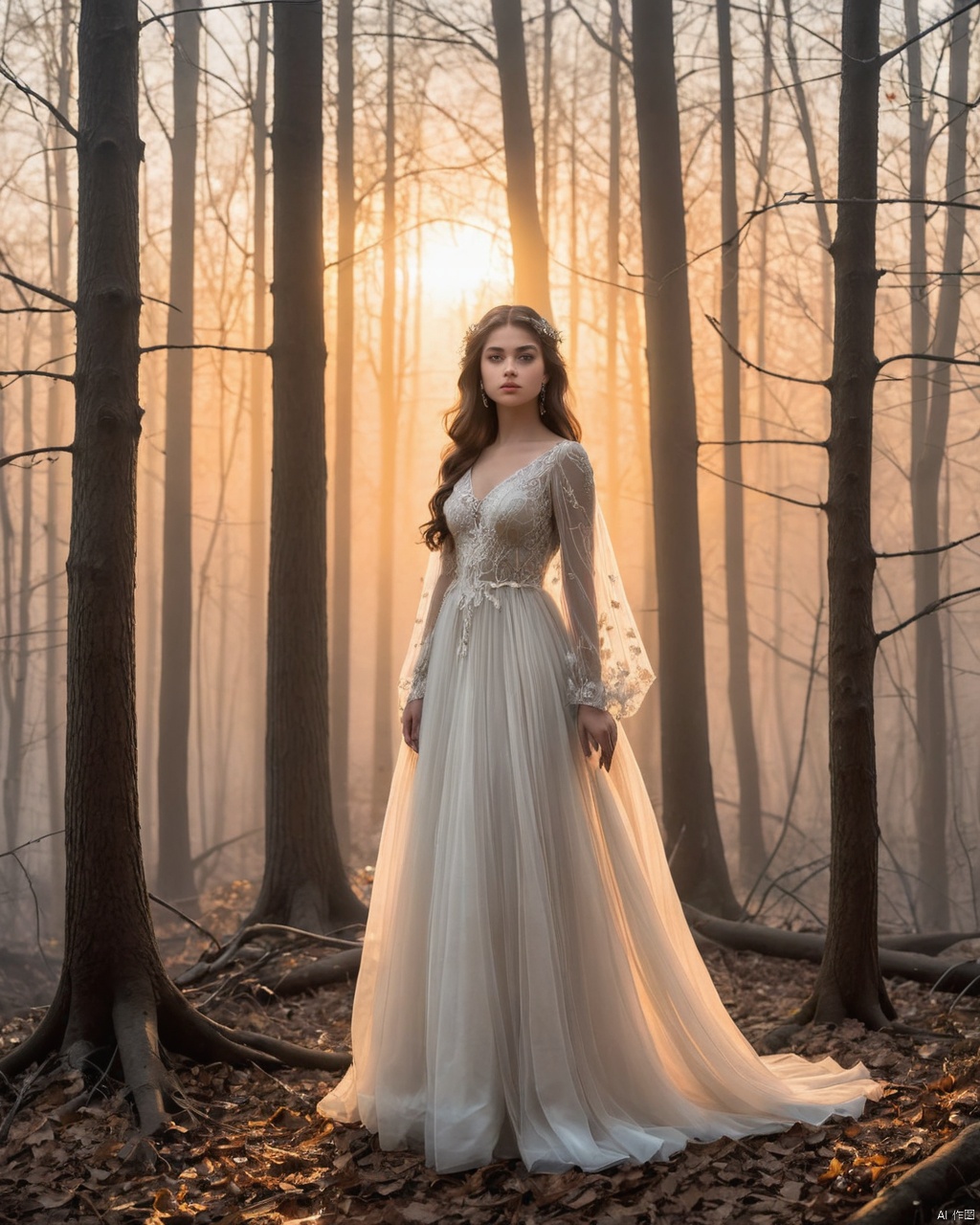 A hauntingly beautiful full-body Portrait of a beautiful 18-year-old girl, radiating seductive charm and poise. 
The woman's enigmatic gaze captivates the viewer as she stands amidst a misty, enchanting forest. The sun casts a breathtakingly beautiful sunset hue over the scene, creating a perfect contrast of light and darkness. The artist's painstaking attention to details brings the forest alive, with each leaf, branch, and ray of light meticulously rendered.