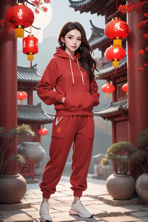  1 Girl, holding lanterns to celebrate the New Year, Chinese garden background,Wearing a red hoodie and sweatpants, sneakers, chinese woman, A girl