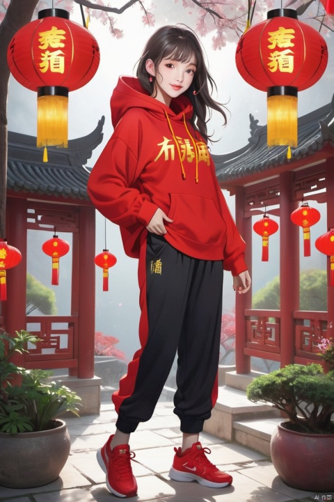  1 Girl, holding lanterns to celebrate the New Year, Chinese garden background,Wearing a red hoodie and sweatpants, sneakers, chinese woman, A girl