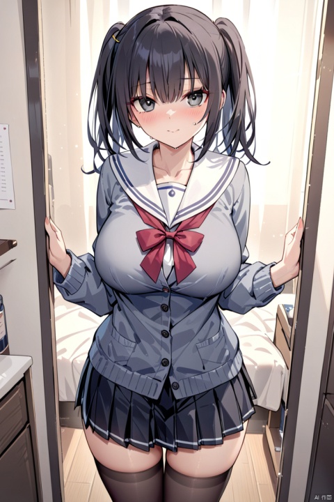  the best quality, masterpiece, super details, fine fabrics, high detail skin, finely detailed eyes and detailed face,smooth skin,extremely fine and detailed, Perfect details, large breasts, high resolution,1girl, solo, medium hair, looking at viewer, blush, bangs, black hair, black eyes, twintails, standing, indoors, sailor shirt, black pleated skirt, black stockings, cardigan