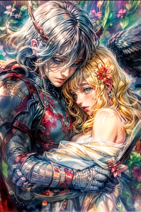  Two people embrace each other,couple, light and shadow, light and dark, Angel and devil, Thick watercolor style, delicate face, detailed patterns, sunlight, light and dark have a clear distinction, the picture line is more complex, , bichu, ((poakl)), bj_Devil_angel, Metal handmade