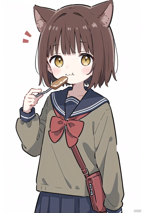 1girl, solo, animal ears, food, skirt, bag, white background, eating, simple background, school uniform, yellow eyes, short hair, serafuku, sailor collar, holding, long sleeves, shirt, pleated skirt, red neckwear, holding food, cat ears, :t, looking at viewer, grey shirt, bow, brown hair, closed mouth, bangs, hand up, toast, shoulder bag, cowboy shot, red bow, black skirt, blush, upper body, light brown hair
