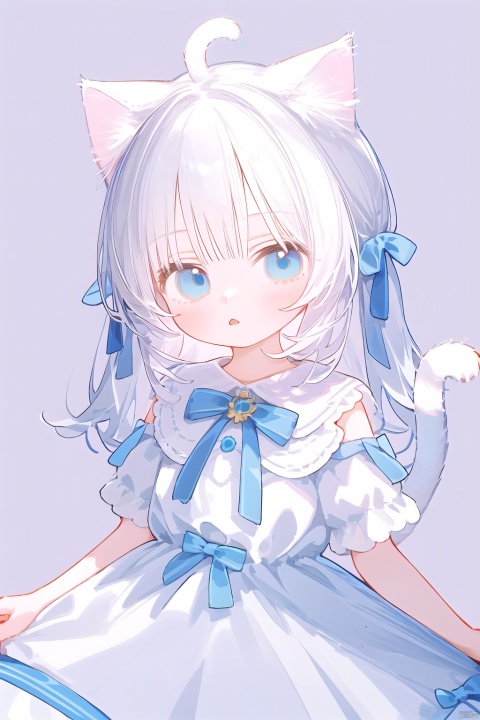  1girl,loli,catgirl,white hair,blue eyes,cat ears,cat tail,white dress