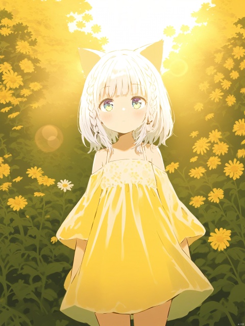 1girl,loli,catgirl,yellow theme,the setting sun,(((Chamomile))),Chamomile,cornflower,vines,forest,ruins,lens flare,hdr,Tyndall effect,damp,wet,1girl,bare shoulders,broken glass,broken wall,white hair,white dress,closed mouth,constel lation,flat color,braid,blinking,white robe,float,closed mouth,constel lation,flat color,looking up,standing,medium hair,standing,solo